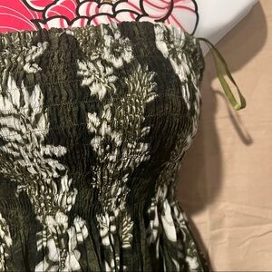Olive Green Strapless Hawaiian Print Dress